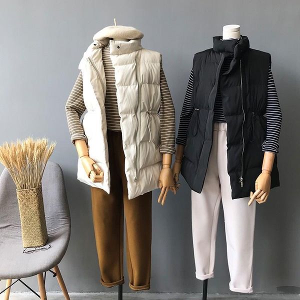 

woman fashion winter casual long vest coats stand neck slim cotton padded jacket vests zipper sleeveless waistcoat, Black;white