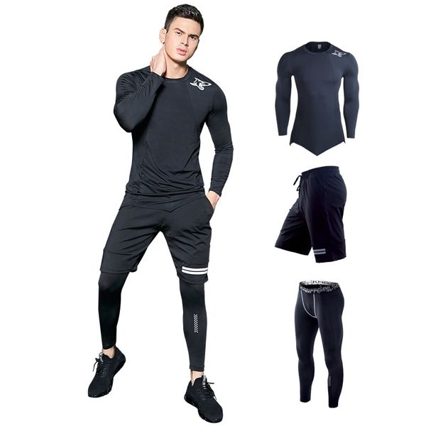 

3pcs men sportswear tracksuit elastic leggings sweatshirt+short+pant male running jogging leisure fitness gym workout outfit set, Black;blue