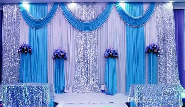 10ftx20ft Pailletten Perlen Edge Design Hochzeit Hintergrund Vorhang mit Swag Hintergrund Hochzeitsdekoration romantische Eisseide Bühnenvorhänge