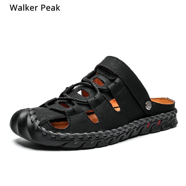 

fashion summer mens sandals genuine leather flats casual non-slip shoes beach outdoor men driving shoes closed toe walkerpeak, Black