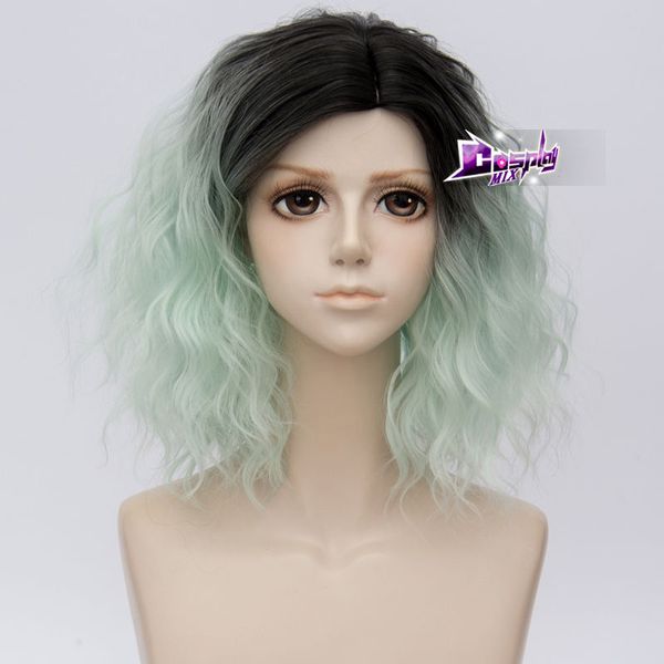 14 Lolita Short Curly Hair Black Mixed Fluorescent Green Women Wig Cosplay New High Quality Fashion Picture Wig Paula Wigs Long Curly Wigs From