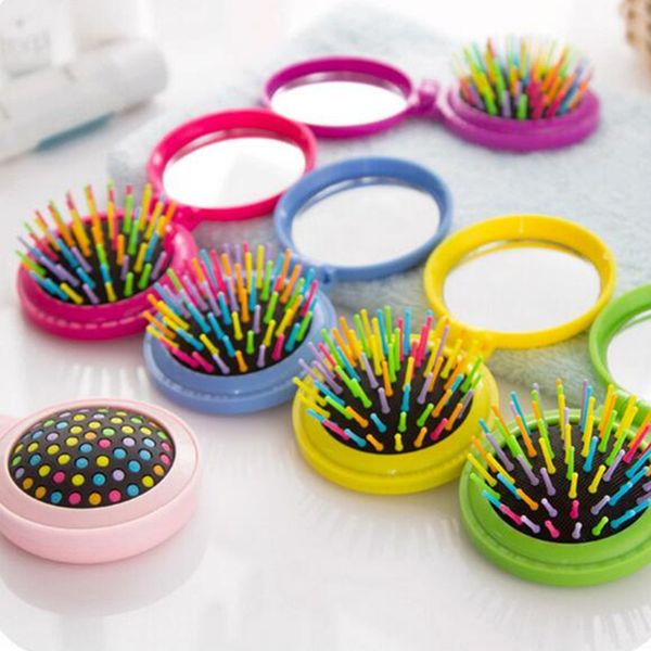

hair comb folding massage hair brush round 7 colors mini airbag rainbow comb with mirror travel hairbrush makeup comb, Silver