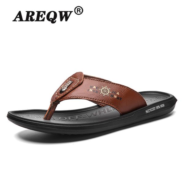 

slippers genuine leather mens sandals summer outdoor flip flops beach comfort breathable walking shoes men, Black