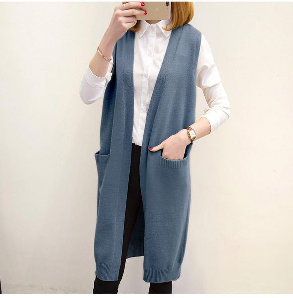 

2020 korean women loose solid color long coat autumn sleeveless knitted vest fashion v-neck lady's sweater cardigan waistcoat, Black;white
