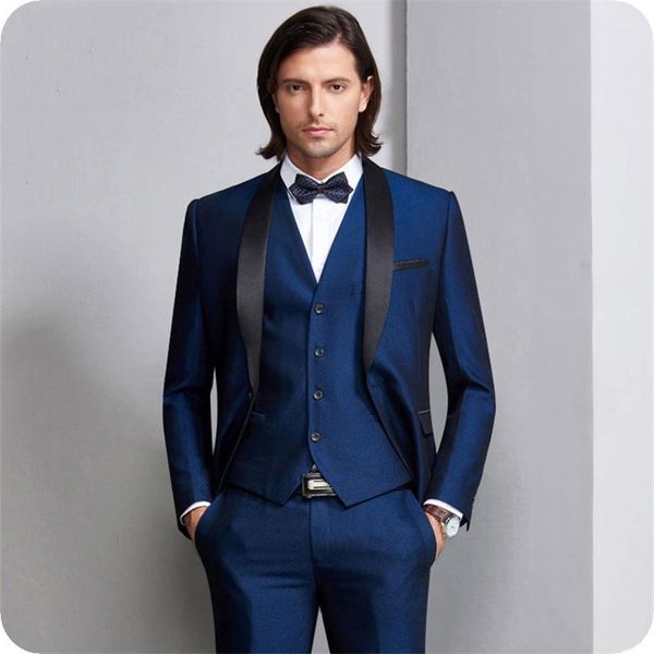 Красивые синие моды Groom Tuxedos Люди работают Делового костюм Свадебного Blazer Пальто Жилет Брюки Комплекты K80