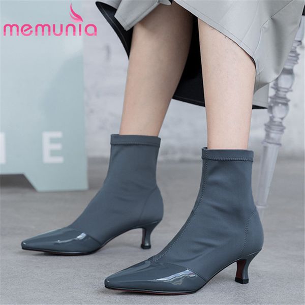 

memunia 2020 women ankle boots patent leather pointed toe stretch boots stiletto high heels party dress shoes woman, Black
