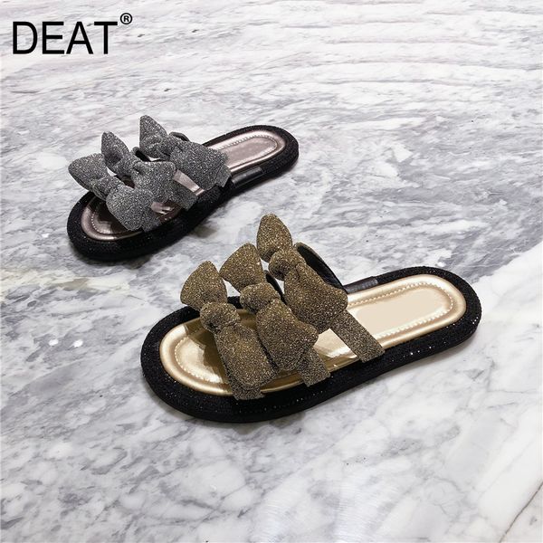 

deat] 2020 new spring summer round toe shallow flock bowknot crystal casual flat slippers women shoes fashion tide 10i329, Black