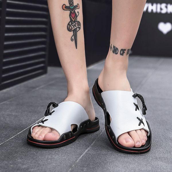 

2019 new summer arrivals platform men shoes flat heels mesh wearnon-slip mens leisure slippers mans cross-tied outside shoes, Black