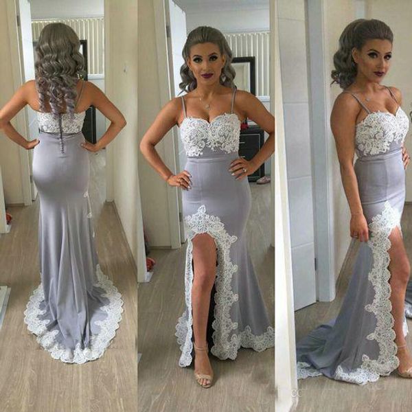 

Sexy Grey Evening Dresses Mermaid Spaghetti Straps High Split Lace Appliques Elegant Evening Gowns for Weddings Party Dresses