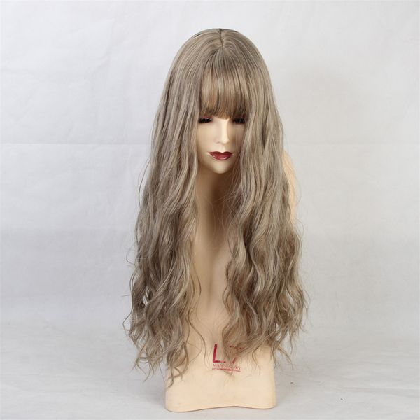 

26" light brown synthetic straight bangs long wavy curly hair wig for party, Black
