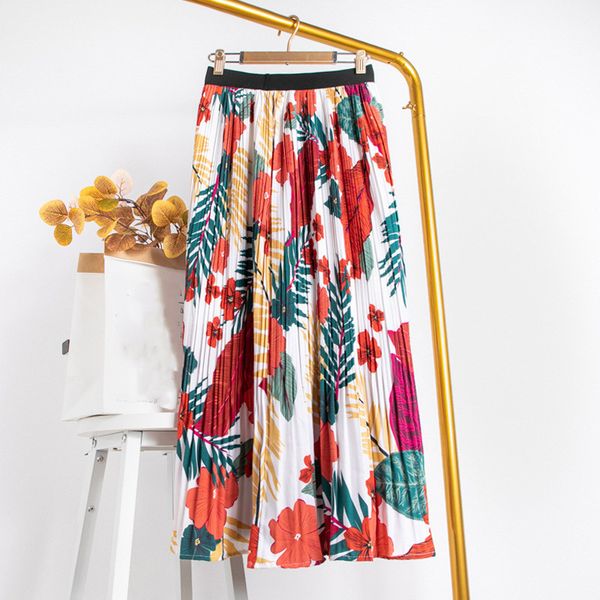 

chiffon floral print maxi skirts women with high waist a-line long pleated skirt female 2020 spring summer lady elegant bottoms, Black