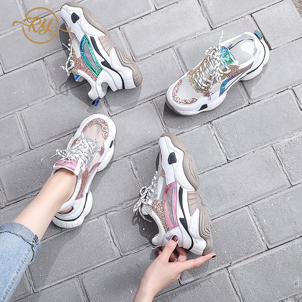 

ry-relaa leather hollow mesh breathable women's shoes 2019 new summer sequins tide shoes wild sports