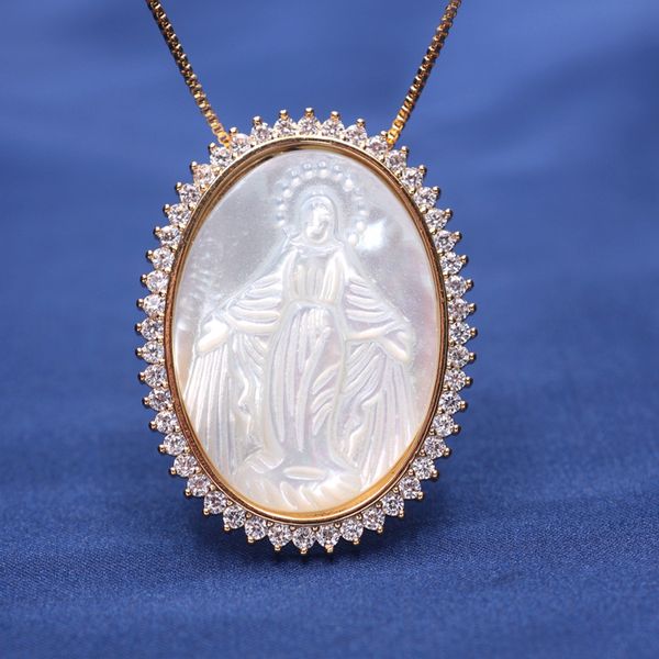 

gold color virgin mary pendant necklace around white zirconias natural freshwater mother of pearl necklace for women jewelry2019, Silver