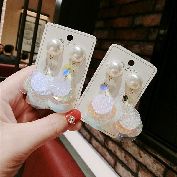 

korean style girl earrings imitation pearl sequin drop earrings for women fashion jewelry accessories, Silver
