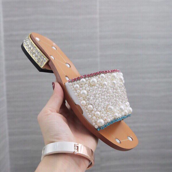 

2019 women's rhinestone low-heel slippers pearl designer work summer women's sandals dress shoes classic trend fashion big size 43, Black