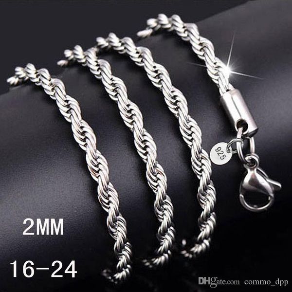 

16-30inches 2mm 925 sterling silver twisted rope chain necklace for women&men fashion diy jewelry in bulk