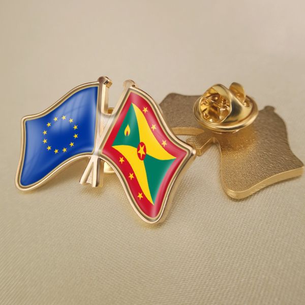 

european union and grenada crossed double friendship flags lapel pins, Gray