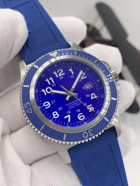 

new style8 options mens designer watches 46mm blue dial rubber leather nylon stainless steel strap super waterproof automatic movement watch, Slivery;brown