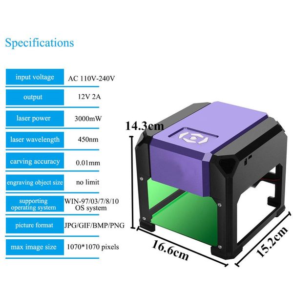 

3000mw cnc laser engraver mini diy home desklogo mark printer cutter laser engraving machine woodworking wood router 80x80mm