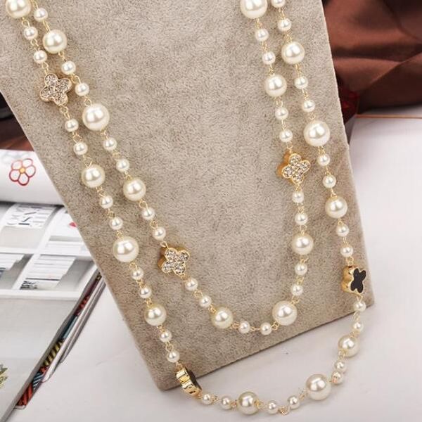 

long pearl necklace multi-layer rose four leaf clover sweater chain, Silver