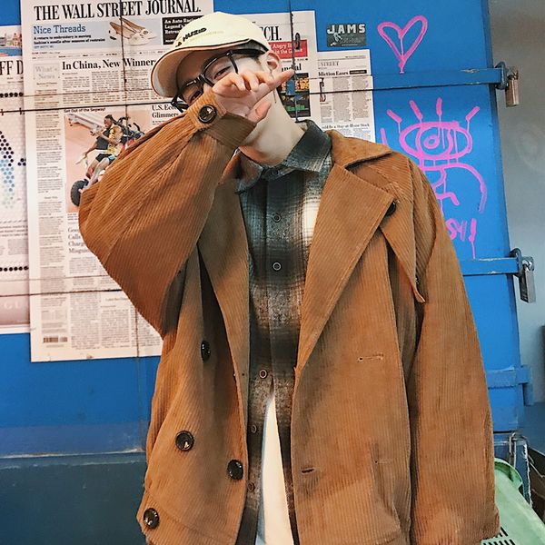 

2019 spring and autumn new youth popular retro fashion casual corduroy loose solid color jacket male khaki / black m-xl, Black;brown
