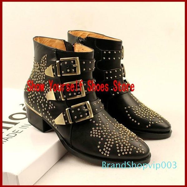 

brand buckle studded boots women shoes ankle spring fall fashion martin combats motorcycle booties feminino sapatos plus size leather boots, Black