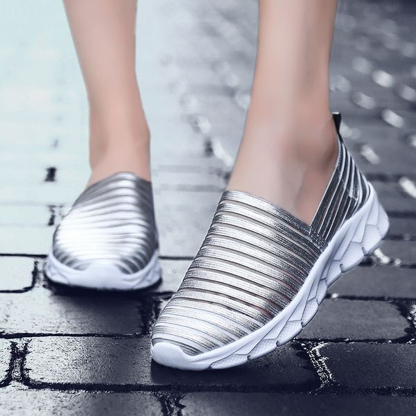 

non-slip sport shoes women slip on walking shoes breathable silvers stripe loafers light outdoor platform sneakers plus size 41