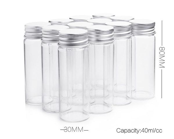 All'ingrosso- 30x80mm 40ml Vasi di vetro trasparente con tappo a vite in alluminio Bottiglie vuote Coperchi d'argento Bottiglie di vetro Fiale regalo Vasi SN2334