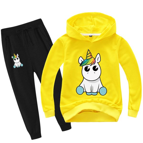 

new product promotion children's long sleeve casual hooded sweater unicorn printed bouquet feet long pants two piece t134, White