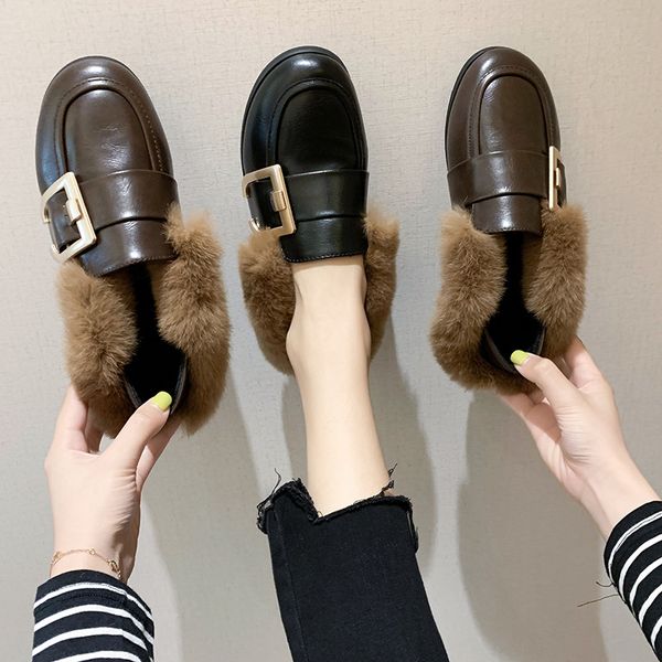

autumn and winter fashion new two wear fur single shoes women fashion korean square buckle half drag casual flat shoes, Black