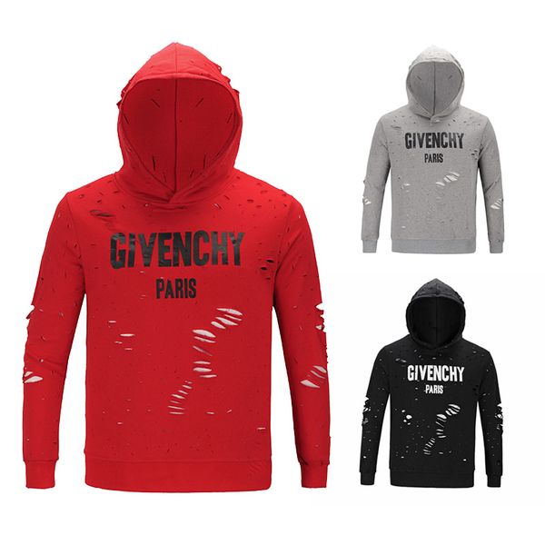 

gy 19 brand designer summer street wear sweatshirts fashion men europe giv paris broken hole cotton pullover hooded gy hoodies, Black