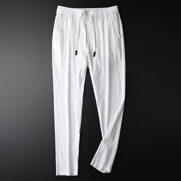 

новая окрашенная пряжа linen man pants плюс размер 4xl вертикальная полоса проветривайте мужчины повседневные брюки новые эластичным тощий м, Black