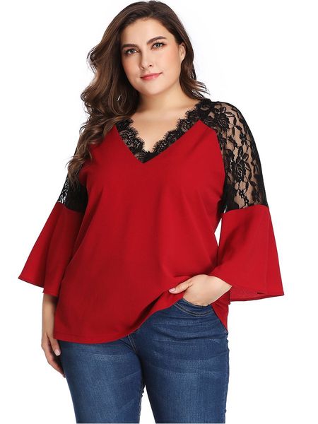 

2020new women plus size blouses shirt fashion women's horn sleeve lace chiffon shirts blouse v-neck loose blouse 5xl 4xl 3xl 2xl xl, White