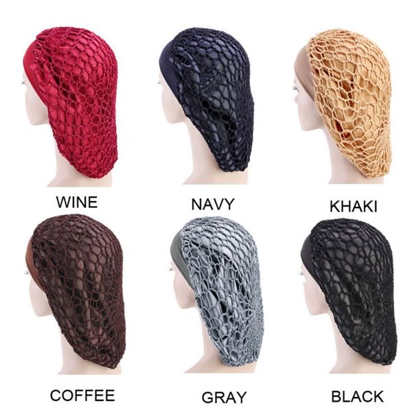 

klv women hollow out mesh net snood bonnet sleep cap solid color wide band vintage crochet knitted chemo cap turban hair cover, Blue;gray