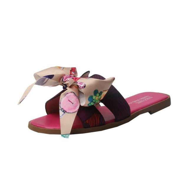 

sandals 2021 women's summer slippers bow tie printed flat shoes, Black