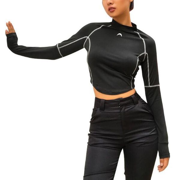 

Graceful long leeve blou e crop lim fitne crop top port yoga running exerci e gym outdoor cropped top upper clothing black