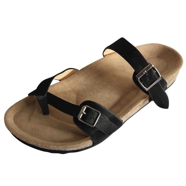 

sagace women's round toe summer slip-on strap ankle buckle breathable flat with sandals casual roman shoes slippers x1216, Black