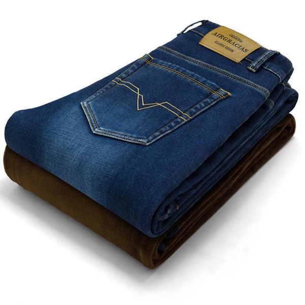 

straight mens winter stretch thicken jeans warm fleece denim biker jean pants trousers size 28 -42 full length jeans regular, Blue