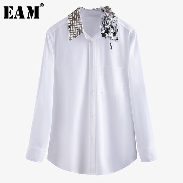 

eam] women white rhinestone split joint blouse new lapel long sleeve loose fit shirt fashion tide spring autumn 2020 1n211