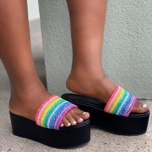 

rainbow women slippers casual platforms wedges shoes thick bottom slipper chaussures femme slippers women chanclas mujer, Black