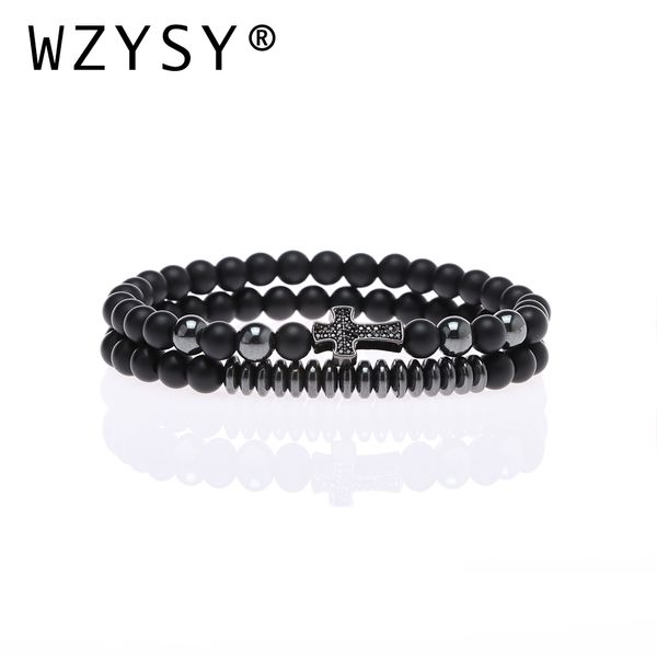 

микро вставить природный циркон черный скраб камень гематит крест эластичный новая мода браслет устанавливает 6 мм для мужчин женщин pulsera, Black