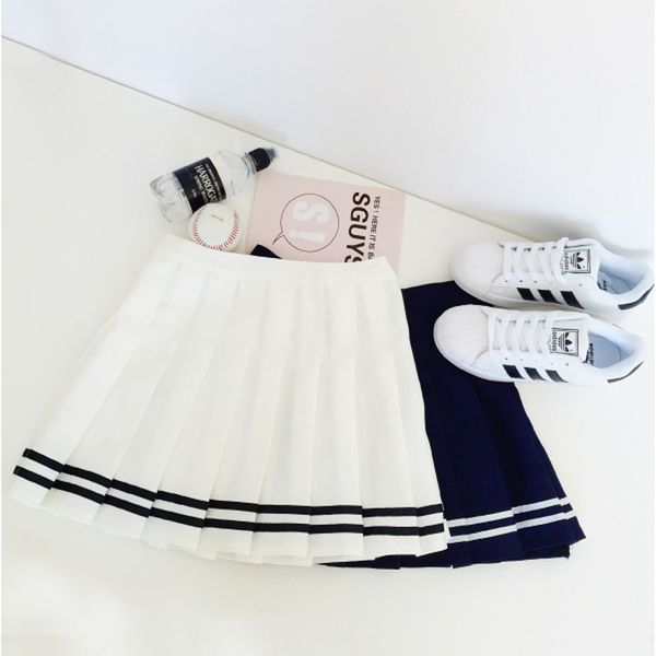 

2020 new summer japanese high waist ball denim pleated skirts school skirts uniform harajuku lolita stripe a-line sailor skirt, Black