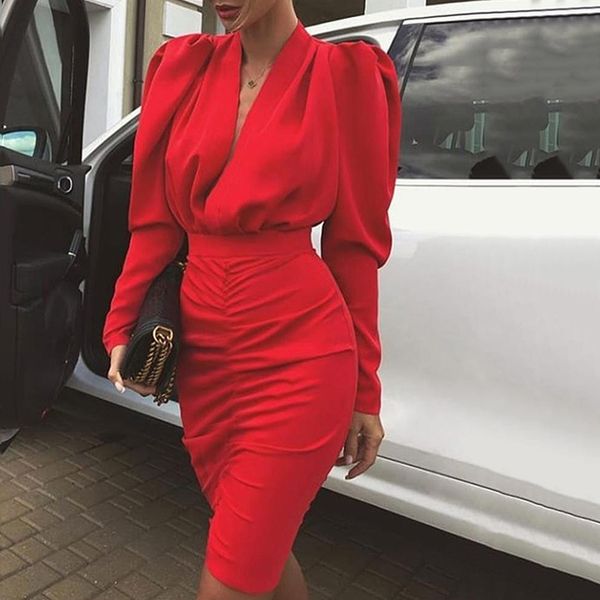 

casual dresses women office lady v-neck workwear elegant autumn pleated bodycon puff long sleeve slim club party, Black;gray