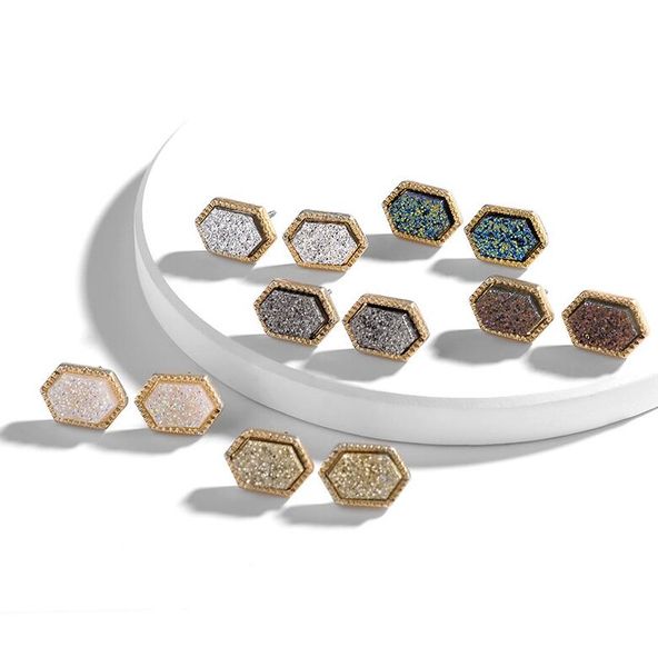 

designer oval druzy drusy earrings gold plated hexagon geometry resin stud earrings for women girl gift, Golden;silver