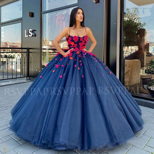 

long evening dress 2019 puffy new arrival spaghetti strap dubai arabic women navy blue flowers formal evening gowns, White;black