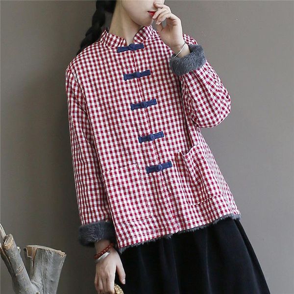 

nefeilike plaid parkas for women stand chinese style coats winter new button fleece women cloths cotton parkas coats, Black