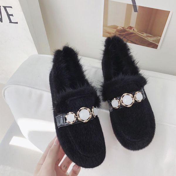 

peas shoes women plus velvet flat 2019 autumn and winter rhinestones wear a foot sneakers, Black