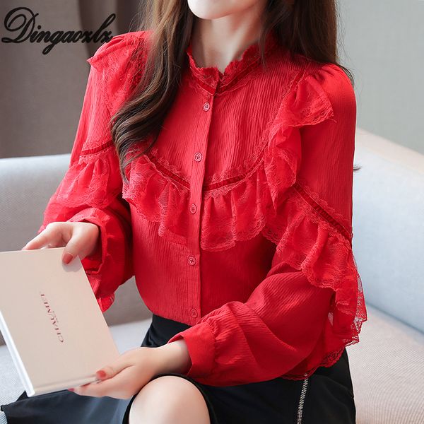 

dingaozlz 2019 female clothing new women shirt long sleeve patchwork lace ruffles chiffon blouse fashion red shirt, White