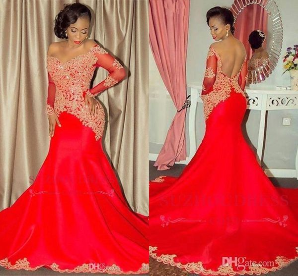 

off shoulder long sleeves dresses evening wear plus size gold lace red satin arabic african prom formal dress long party cheap, Black;red