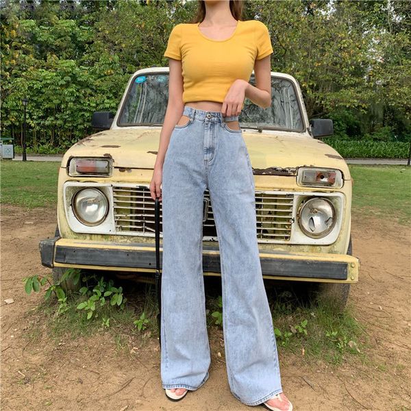 

hollow out high waist jeans women 2020 boyfriend harajuku denim harem pants ladies broken hole wide leg blue jeans pants